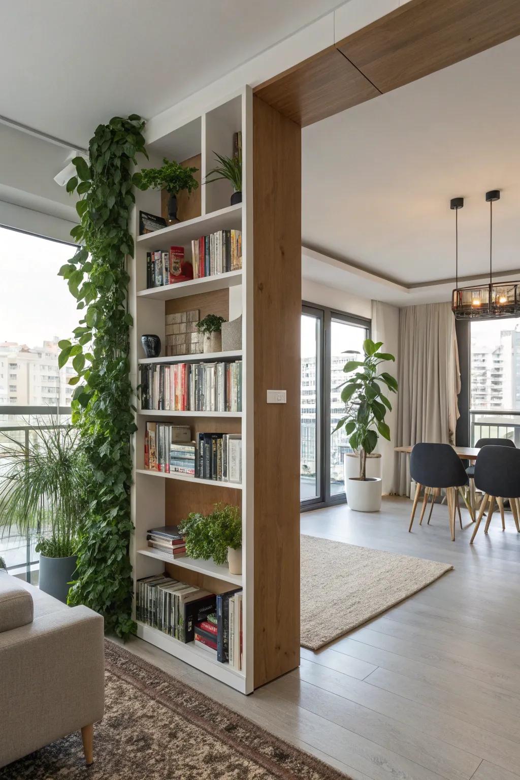 Shelves with two sides combine use and style in open spaces.