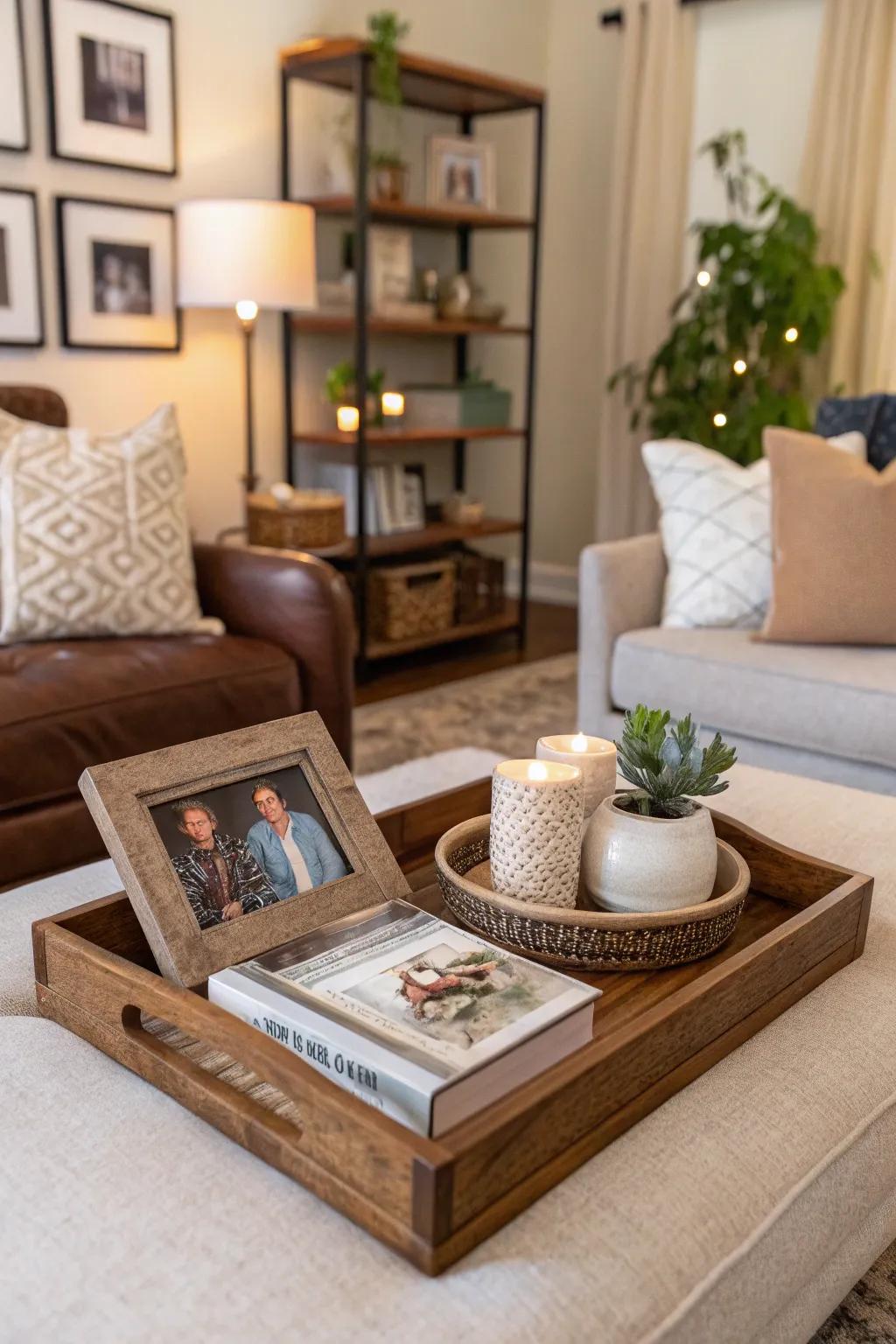 Personal touches using a framed snapshot on an decorative board.