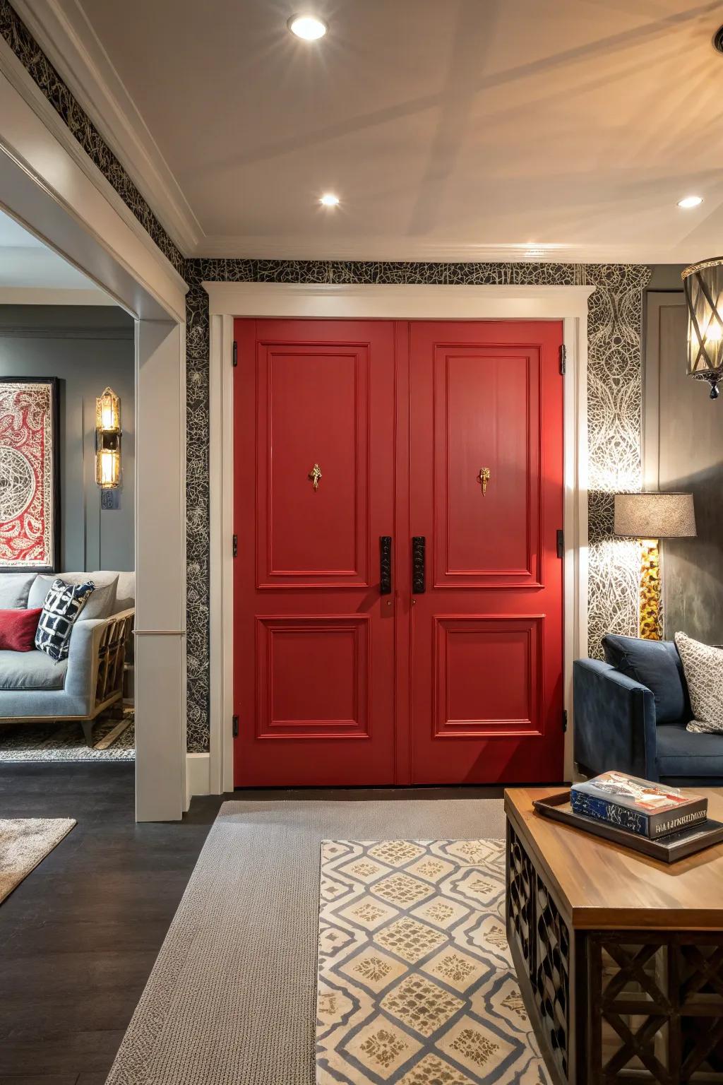 Panel doors updated with modern twists add a pop of color.