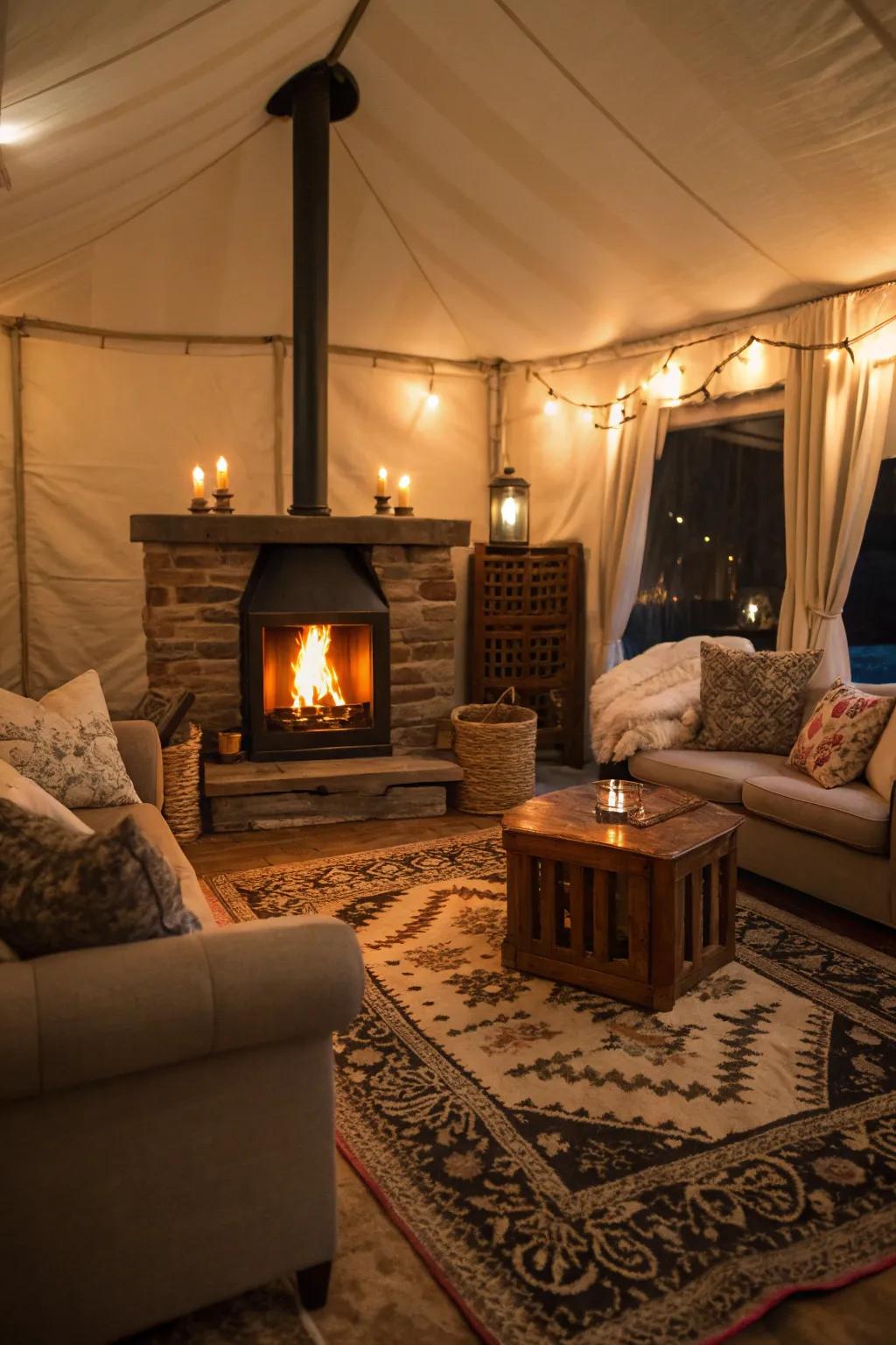 A hearth serving as the centerpiece of a snug retreat.
