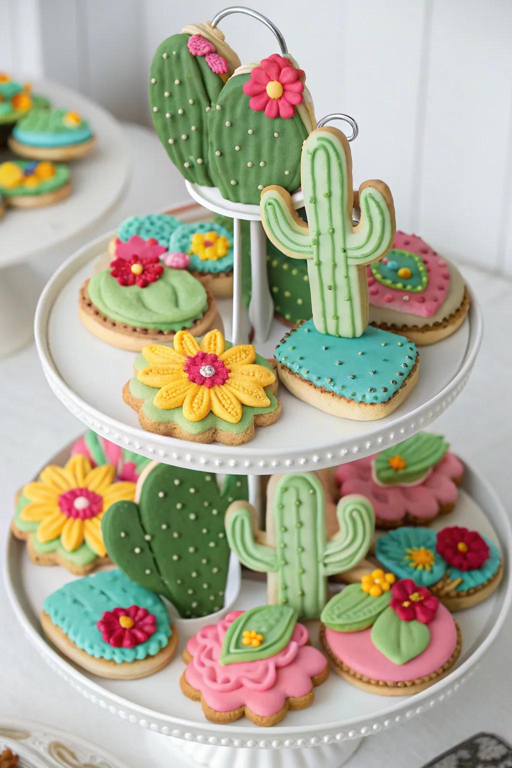 A tiered structure displaying arid bloom-shaped biscuits embellished with vivid icing botanicals.