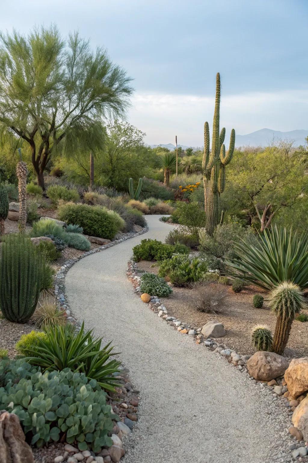 Stone paths make a clean and useful design in desert gardens.