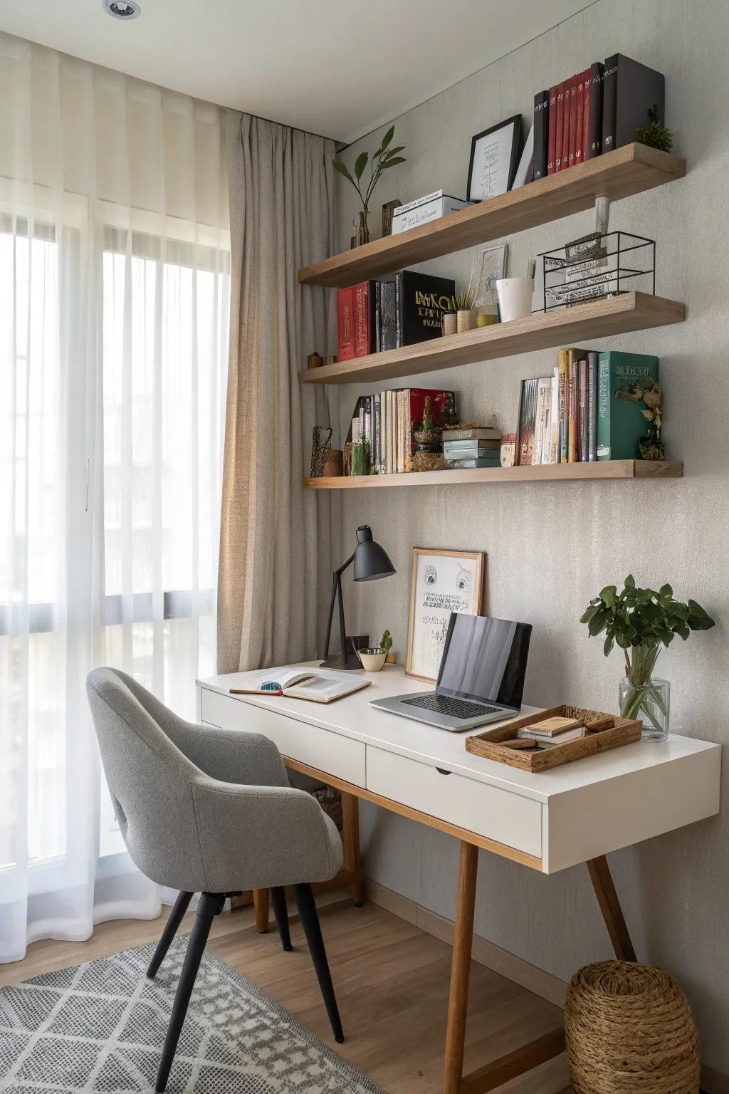 Wall-mounted shelves providing stylish storage options above a desk.