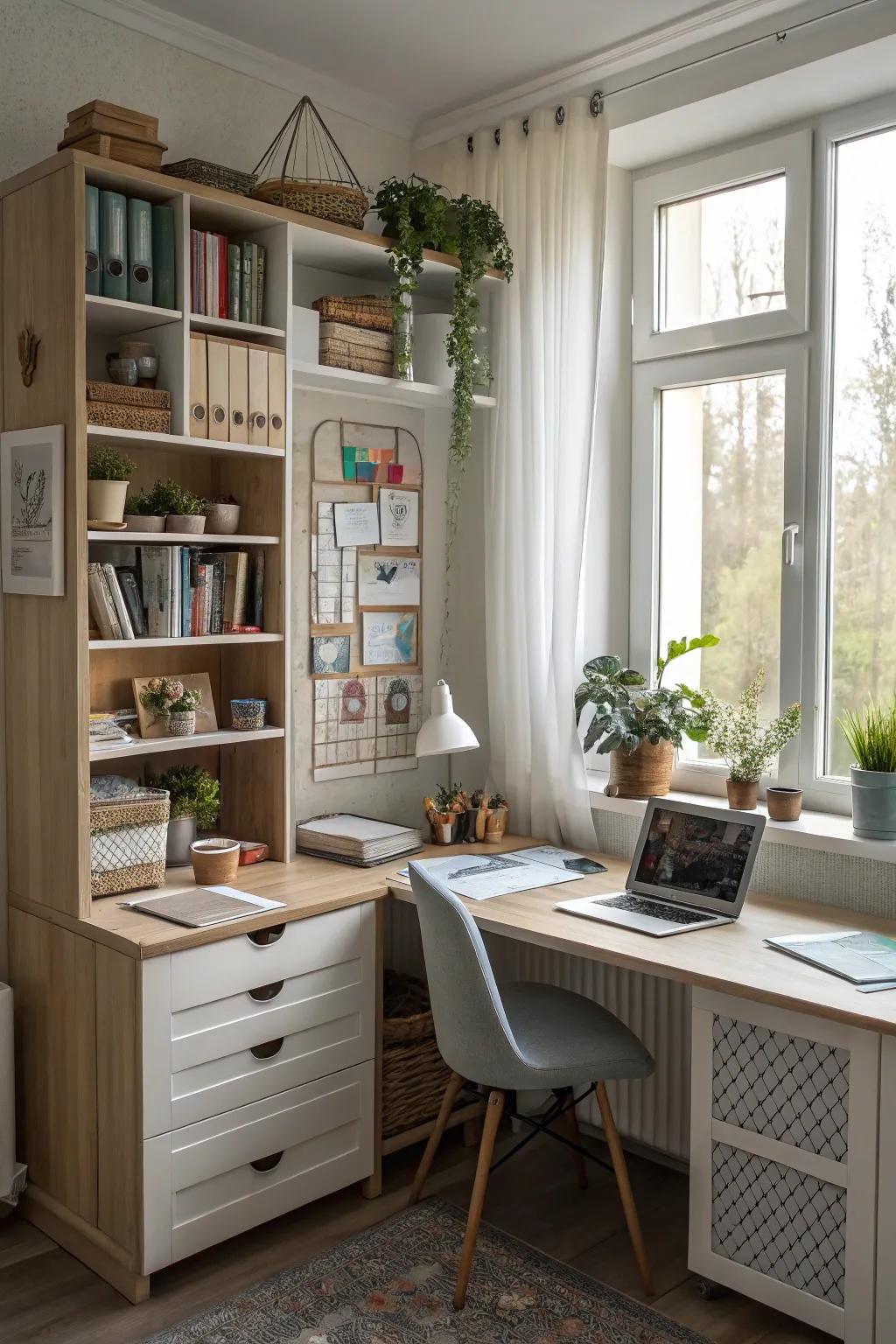 Integrated storage keeps the workspace organized and free of clutter.