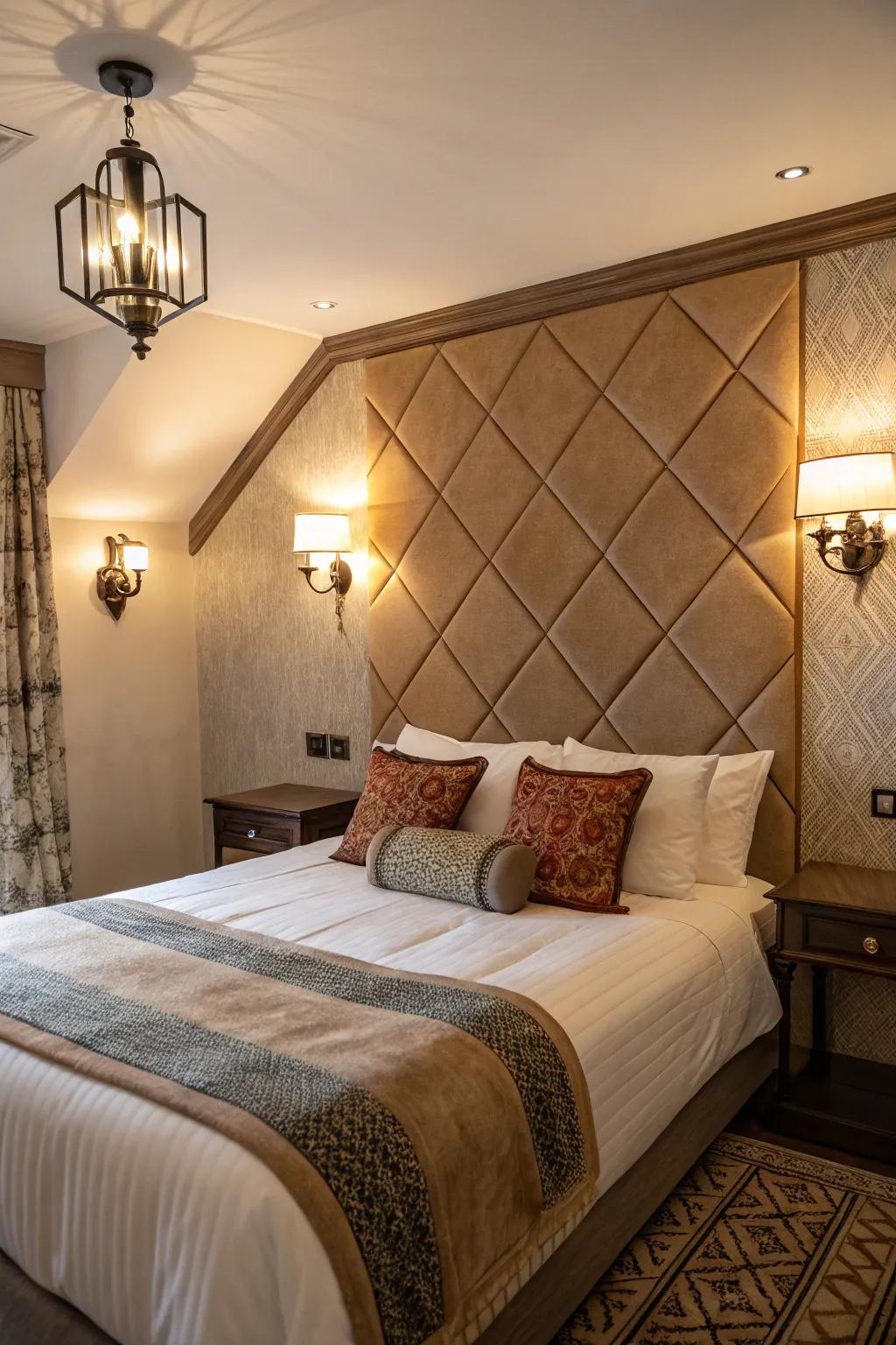 Strategic illumination enhances the pleasant impression of a bed at an angle.