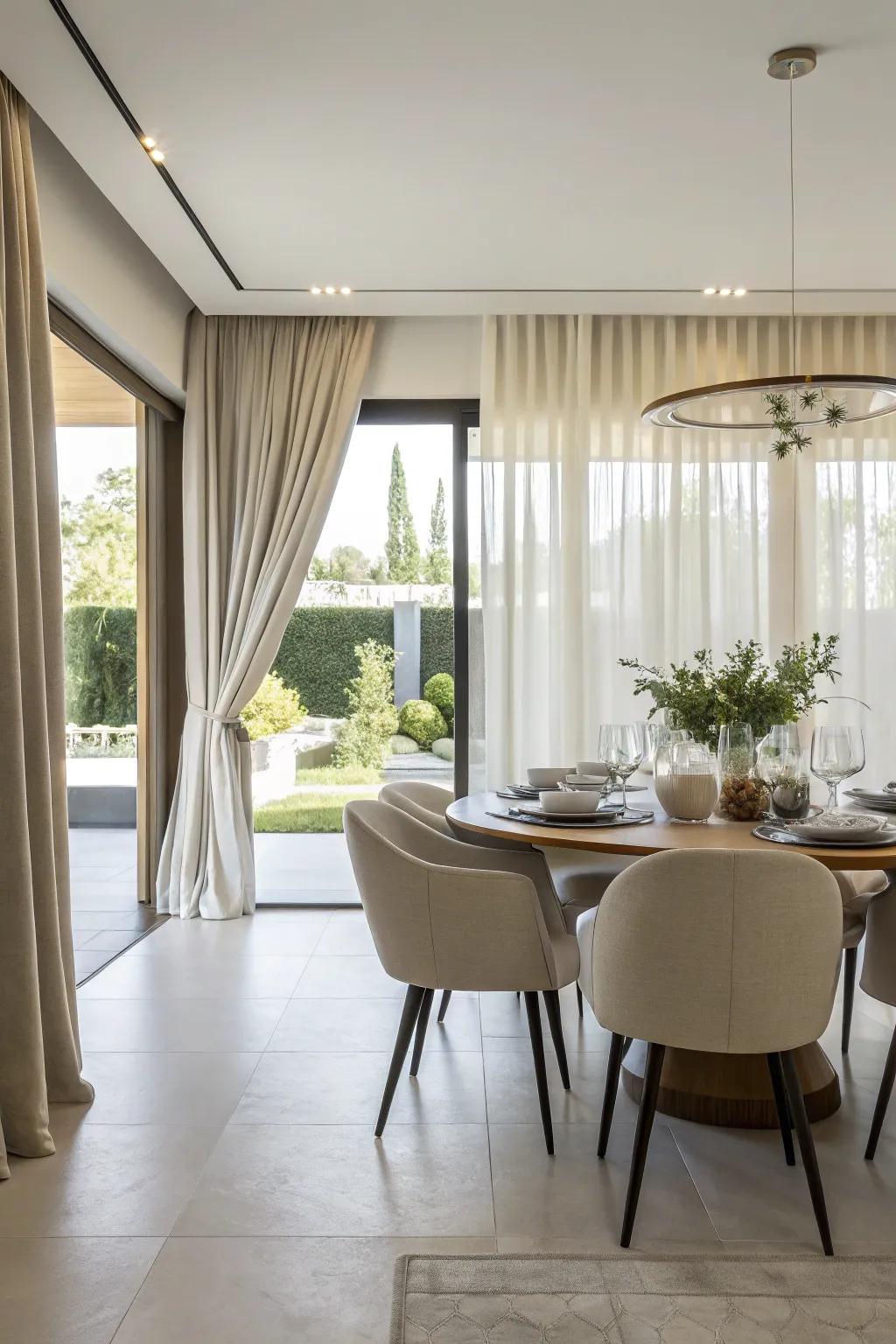 Simple window coverings for a modern dining space.