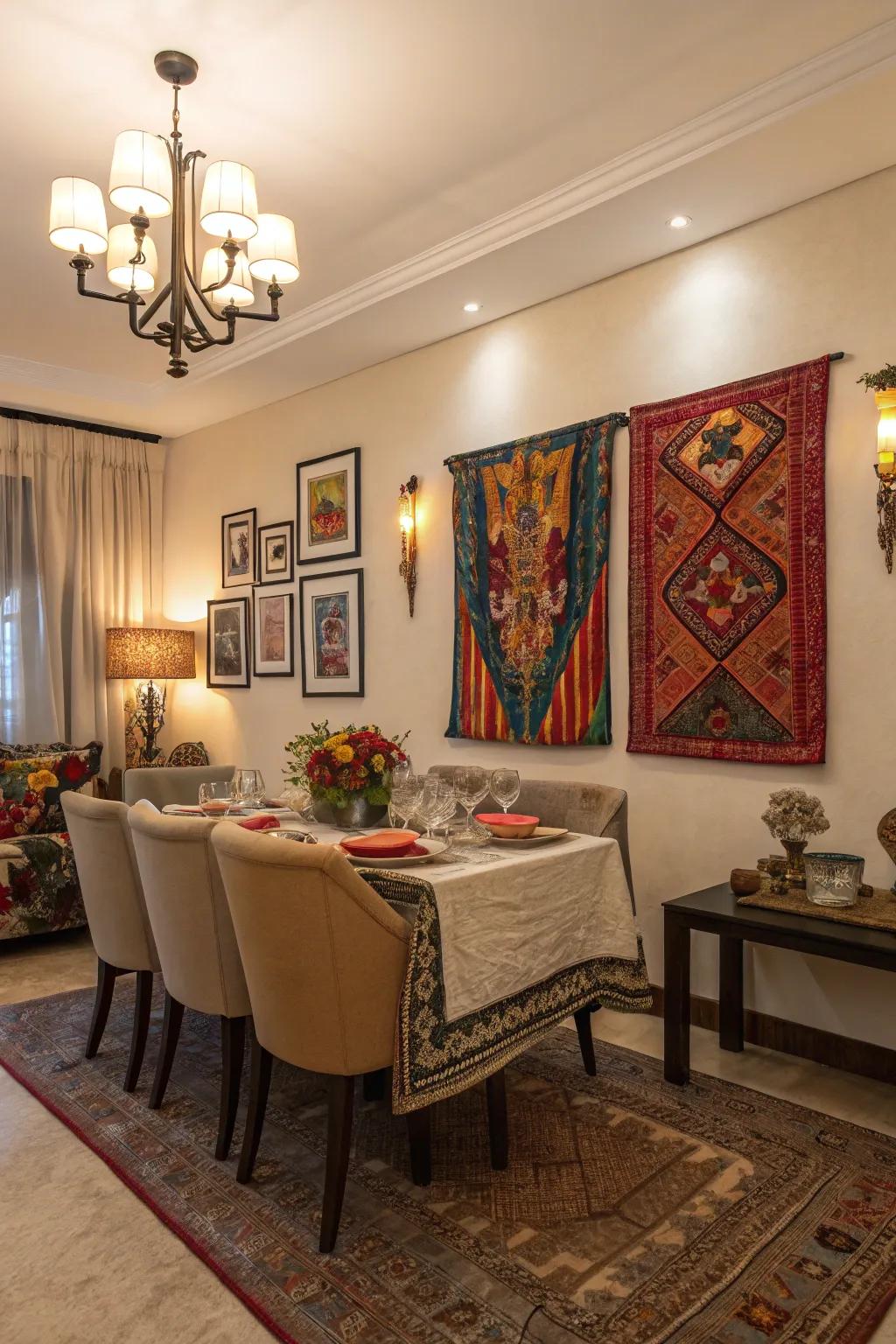 A neutral background enhanced with vibrant colors enlivens the dining room.