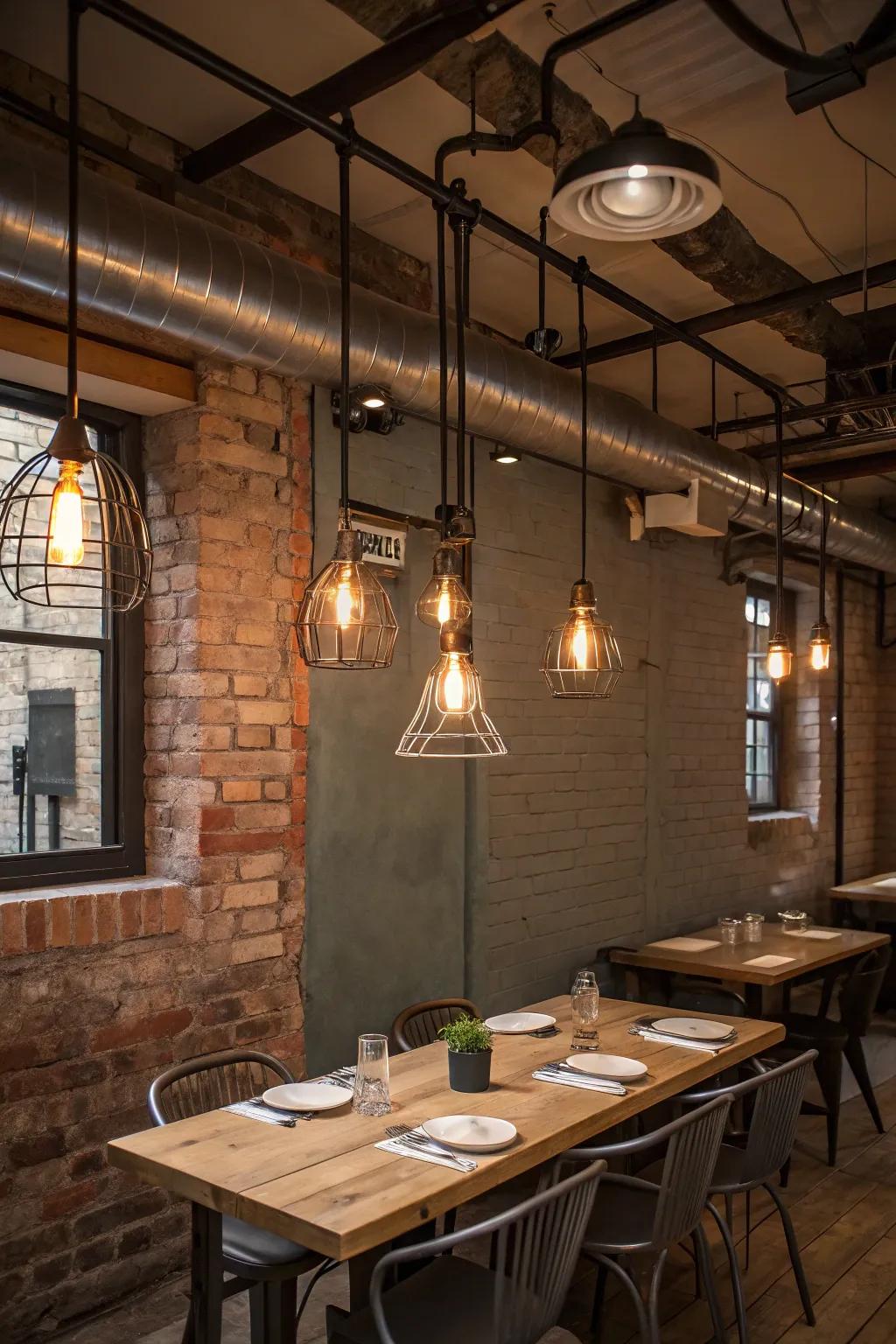 This dining area is given a raw, urban appeal by industrial lighting.