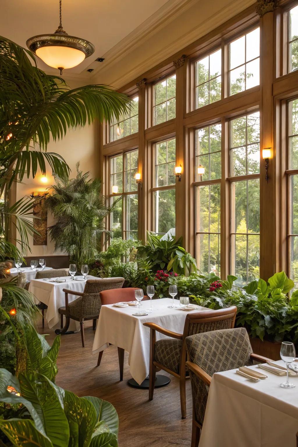 Natural light and greenery combine to create a refreshing dining atmosphere.