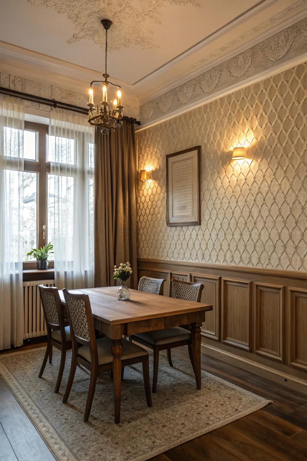 Textured wainscoting adds depth and elegance to the dining room.