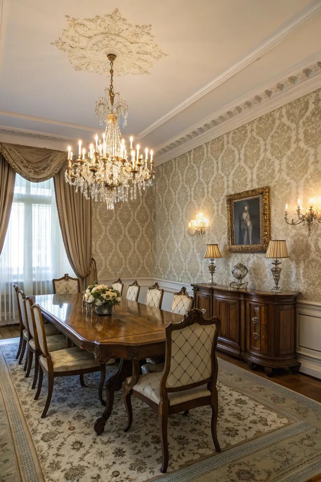 Antique damask wall designs infuse this dining space with a sense of timeless allure.