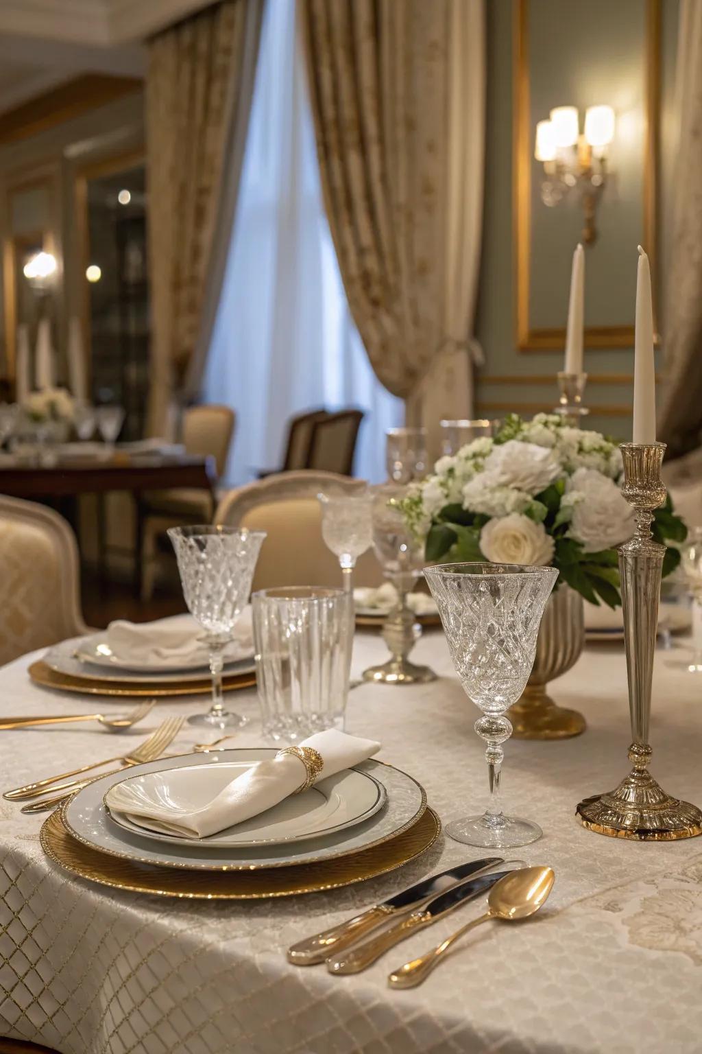 A dining table featuring an elegantly arranged collection of tableware.