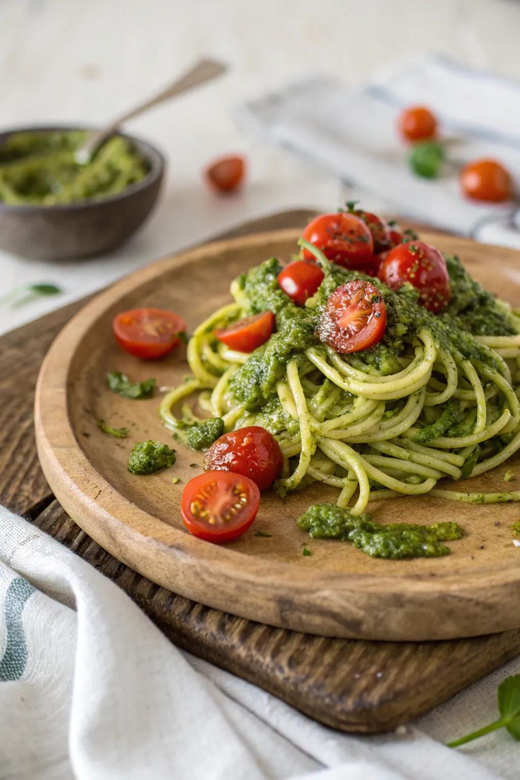 Enjoy a guilt-free pasta dish with zucchini noodles and pesto.