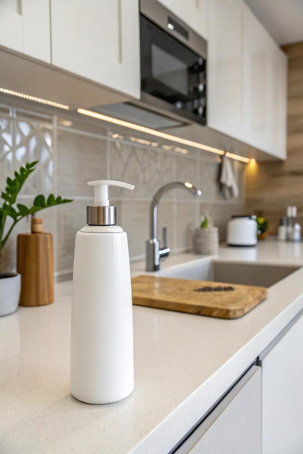 Sleek porcelain dispensers contribute to a minimalist kitchen ambiance.
