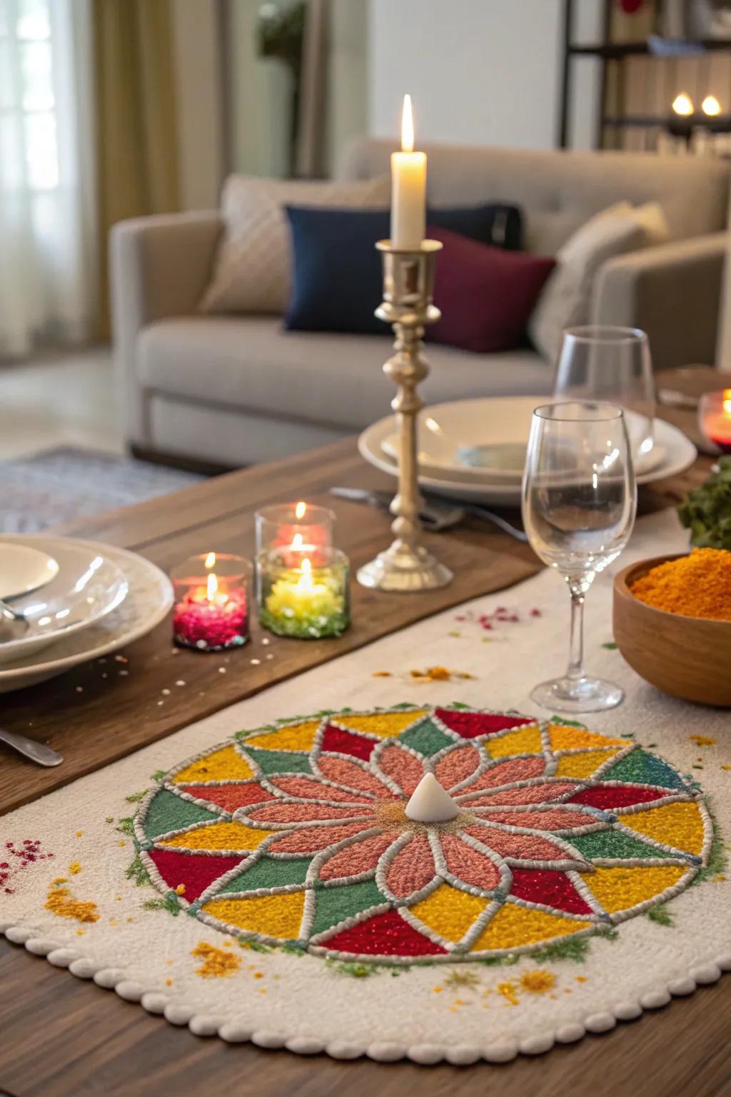 A decorative floor art design serves as an arresting centerpiece for the Diwali table.