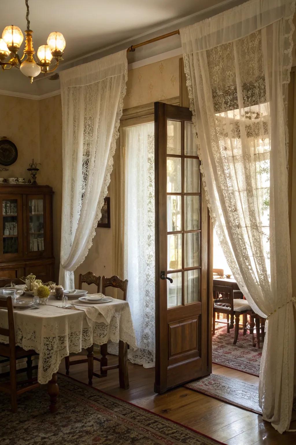 Lace drapes introduce classic sophistication to dining spaces.