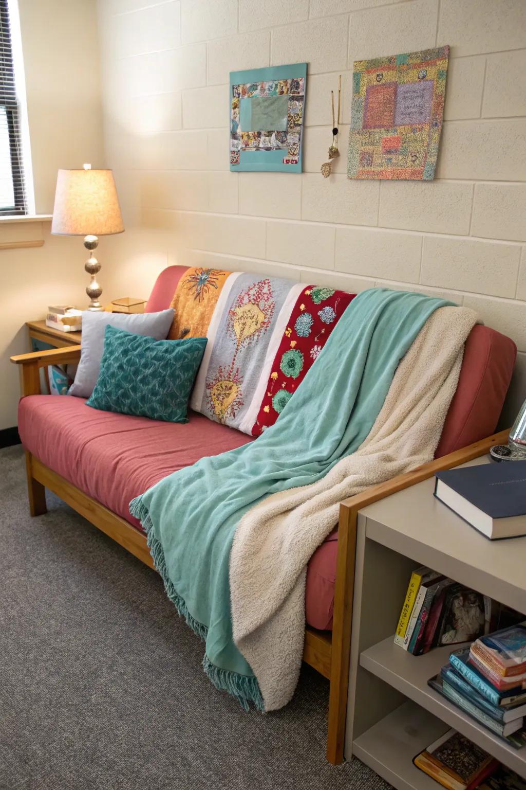 Cushions and throws introduce comfort and style to the sofa in this dorm room.