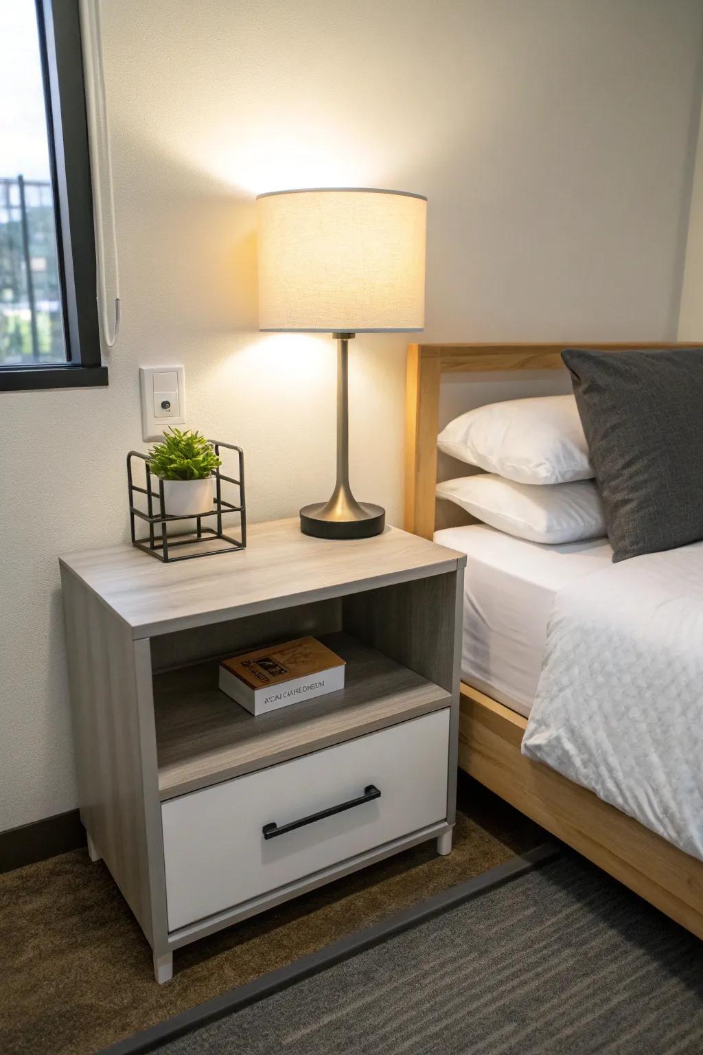 A minimalist nightstand adds to a clean and peaceful residence environment.