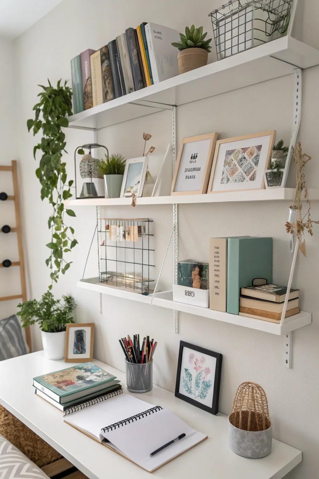 Wall storage ensures essentials are handy while keeping floors clear.