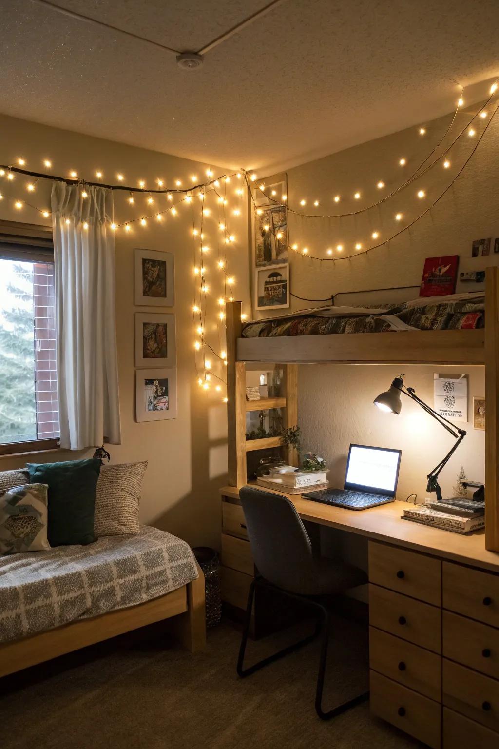 Layered lighting creates a welcoming and functional dorm room environment.