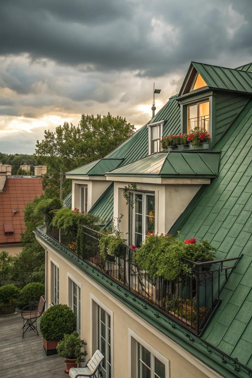 A verdant roof provides natural insulation and aesthetic appeal.