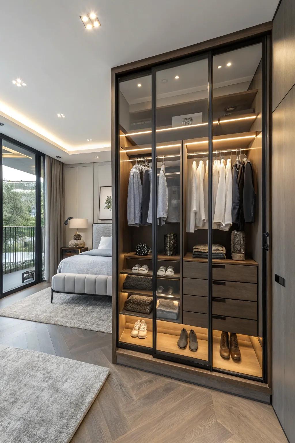 Segmented spaces inside a double closet ensure customized organization for a range of needs.
