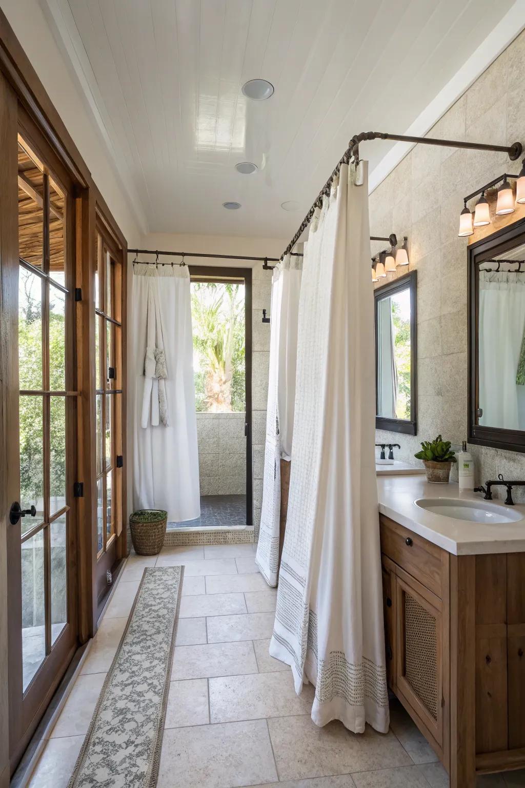 Curtains can creatively define space in an open bathroom layout.