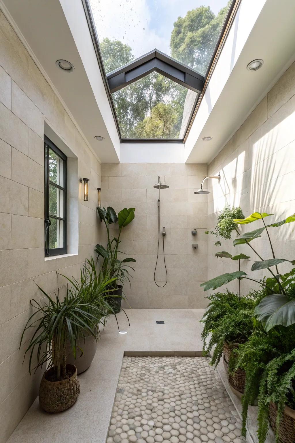 Bathe in natural illumination with a skylight-enhanced dual shower.