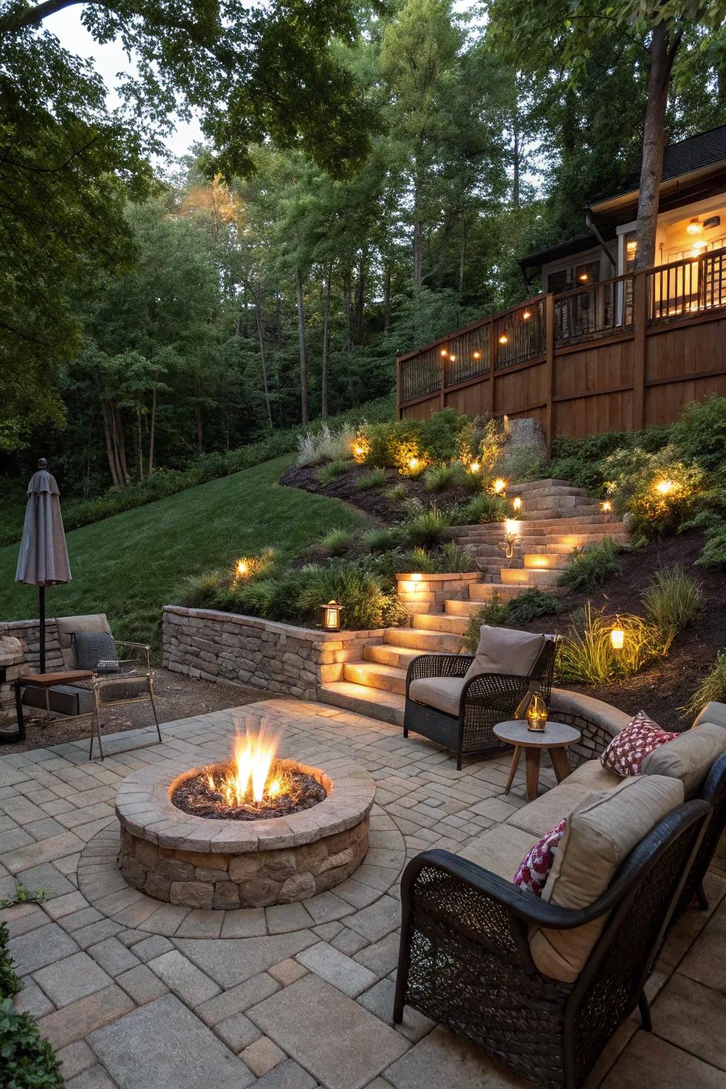 Establish a welcoming and inviting gathering locale with a fire pit on your sloped yard.