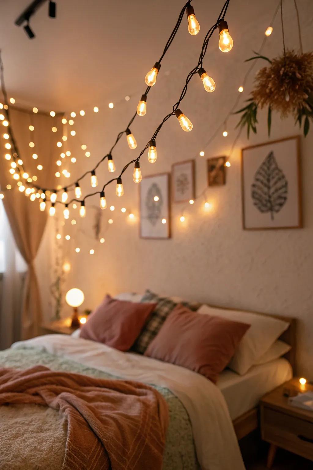 Twinkle lights impart a dreamy glow to your dramatic bedroom.