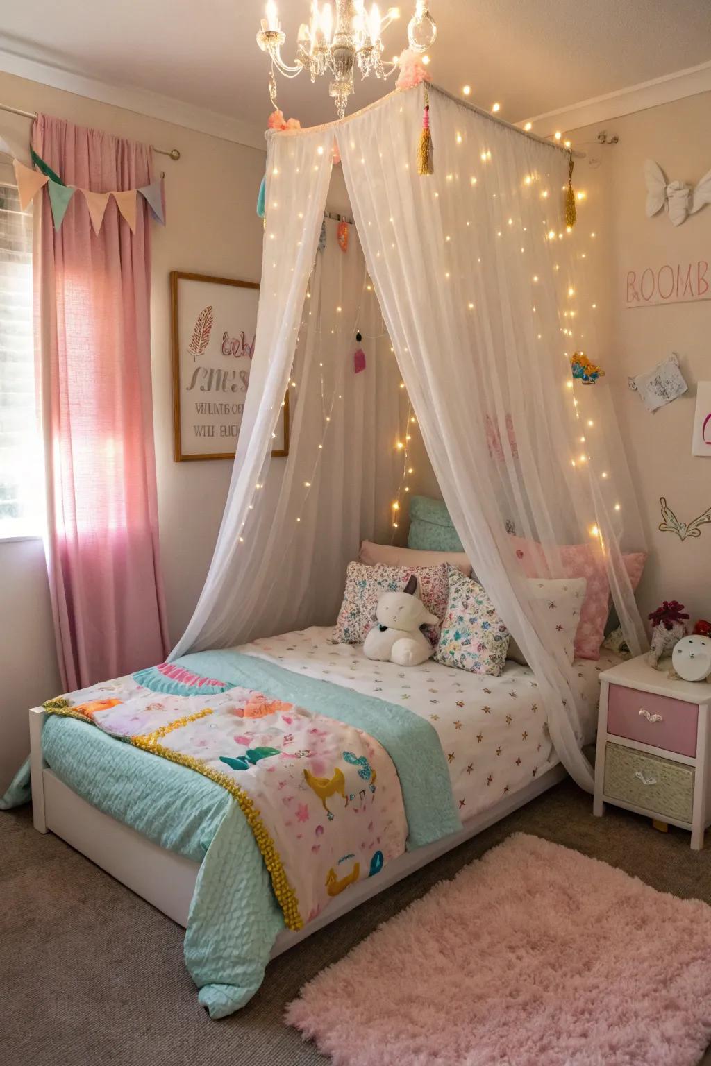 A bedroom with a whimsical canopy bed and thematic decor.
