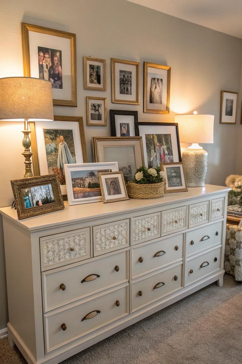 Framed artwork contributes a personal and artistic touch to the dresser.