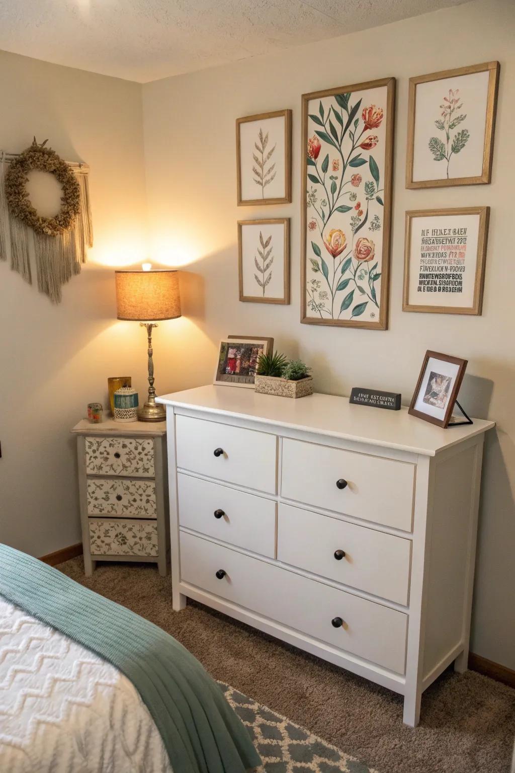 A petite dresser with wall art above, creating a stylish vertical focal point.