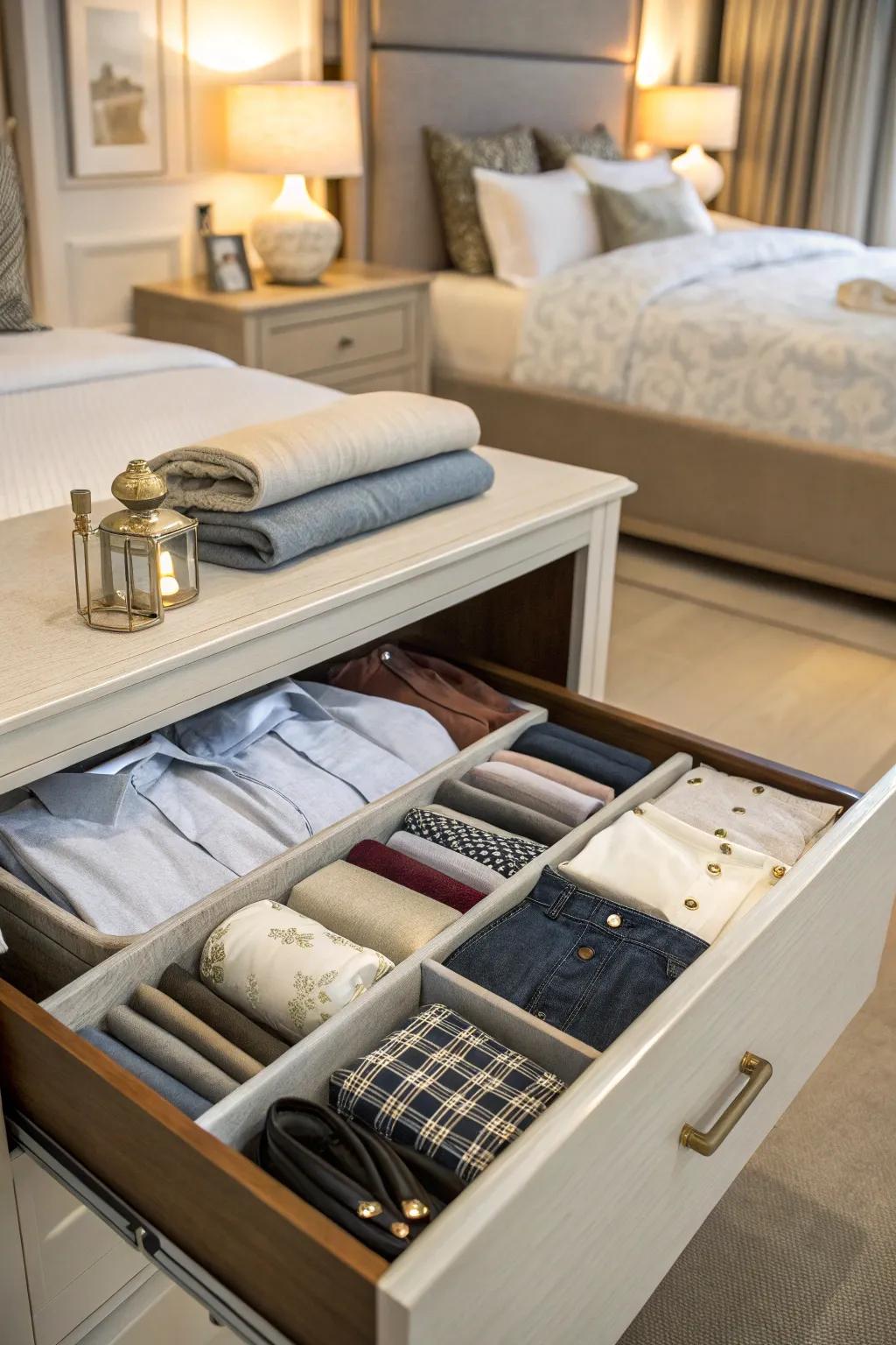 Maximizing space with neatly folded clothes.