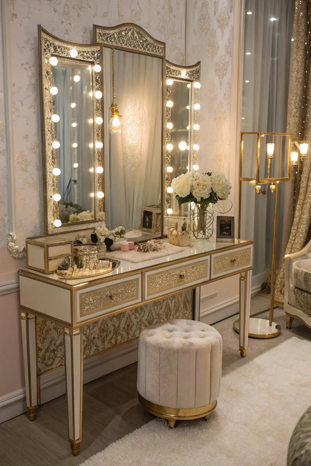 Design a glamorous escape with opulent vanity features.