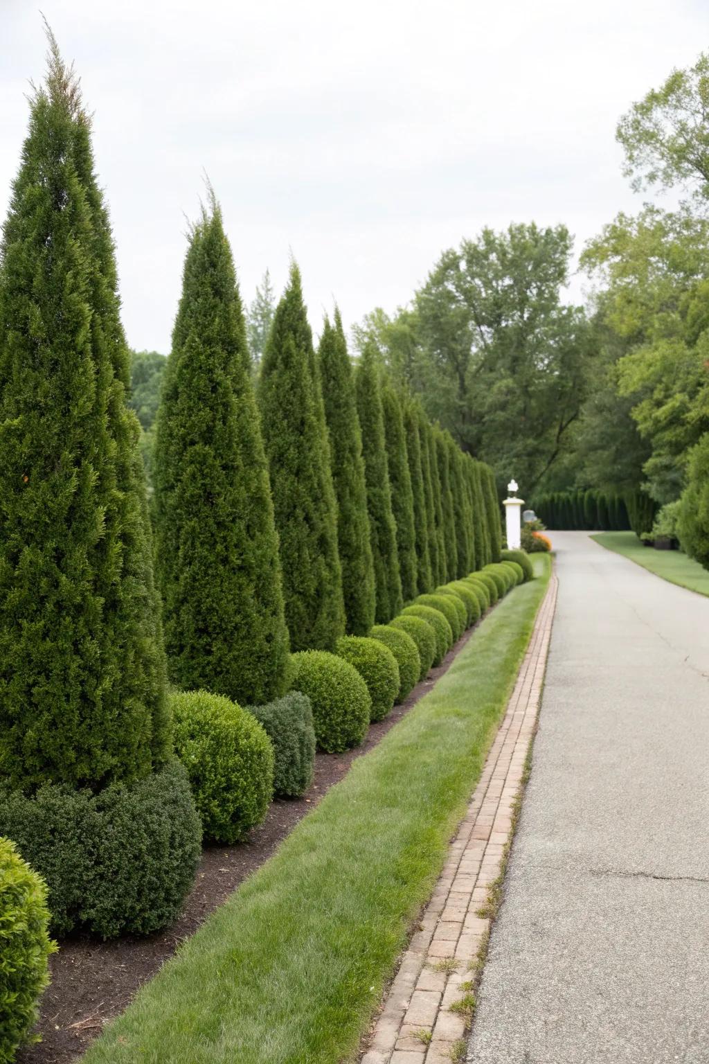 Year-round bushes provide ongoing greenery and structure.