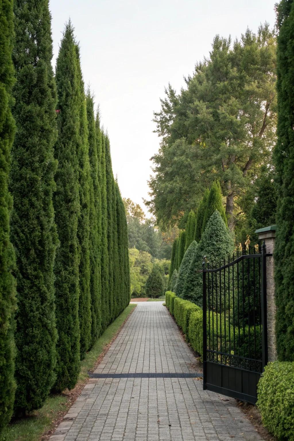 Tall arborvitae hedges ensuring driveway privacy.