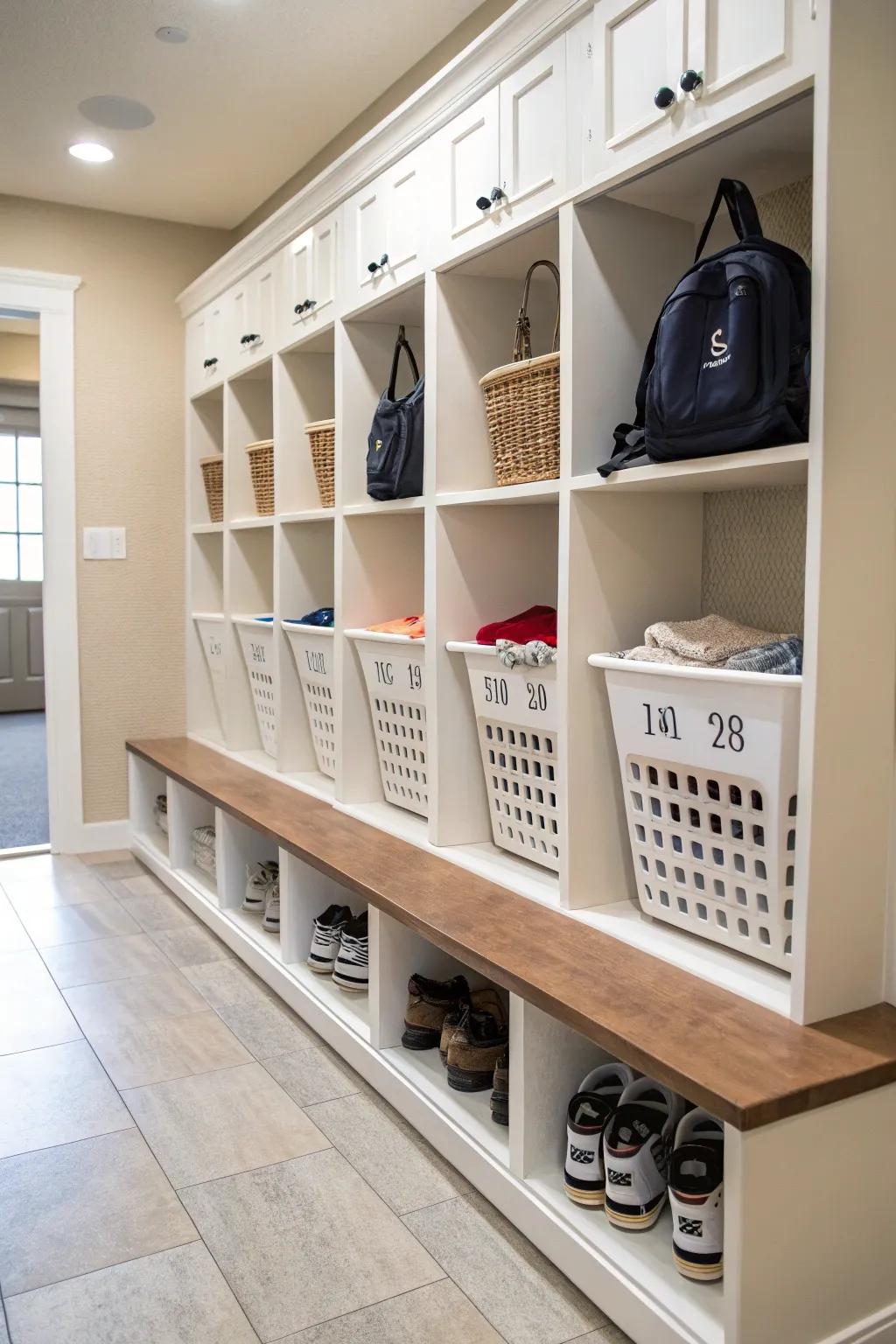 Labeled baskets in cubbies make everything easy to find.