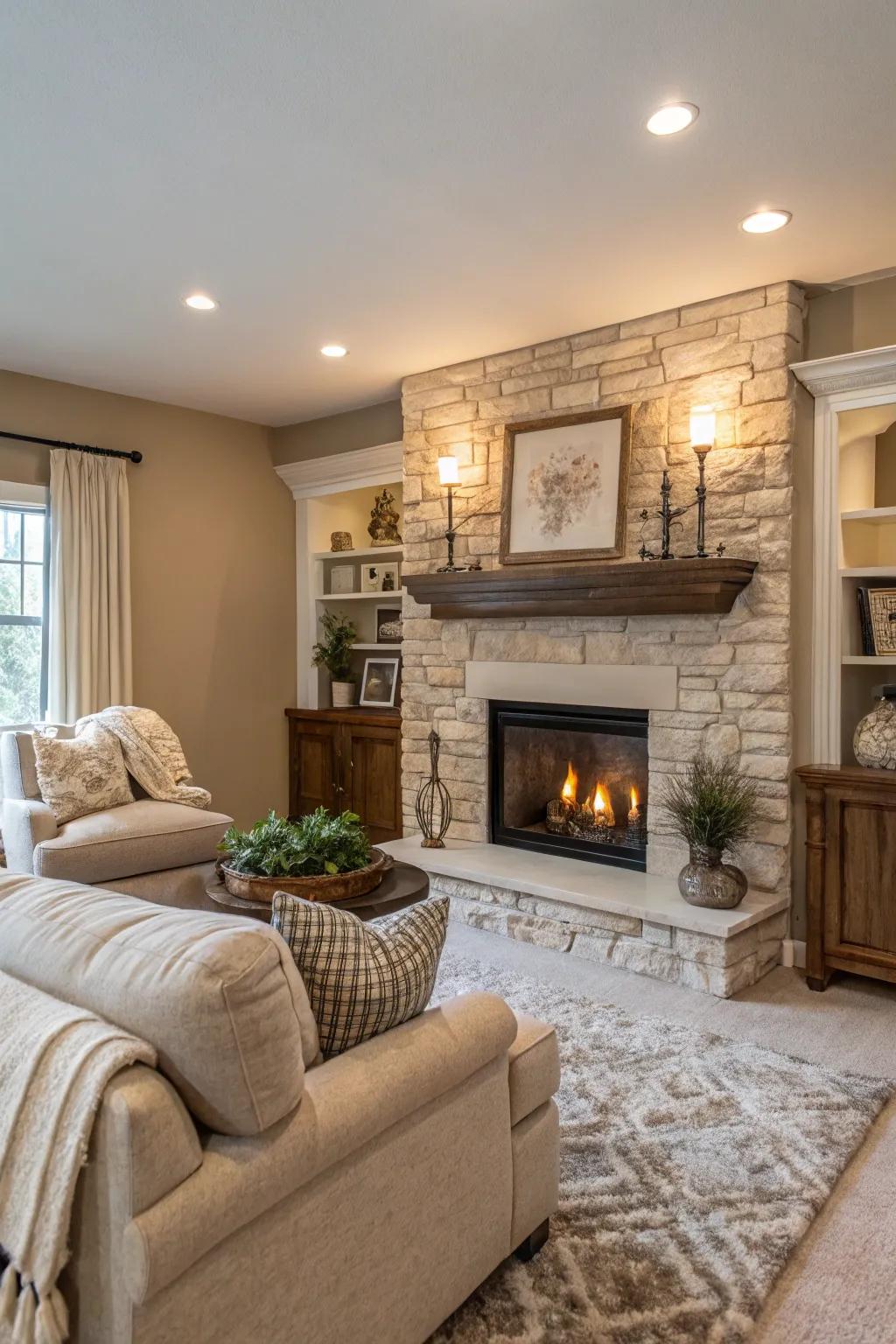 A sheetrock fireplace that integrates fluidly with neutral decor.