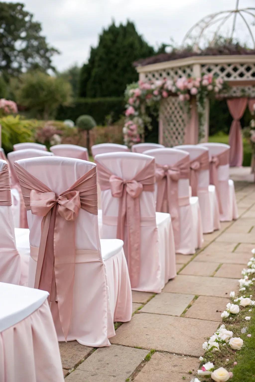 Elegant seating with soft blush covers.
