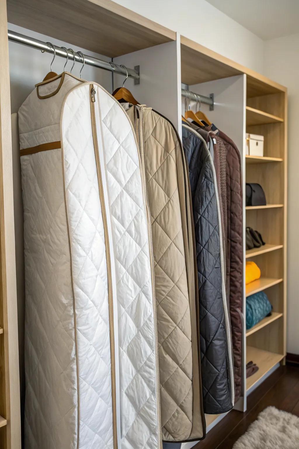 Hanging duvets in garment bags for a space-efficient solution.
