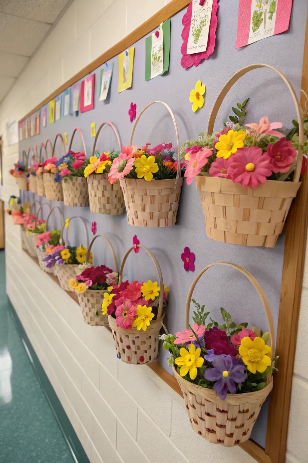 Easter baskets brimming with vibrant paper flowers, symbolizing springtime.