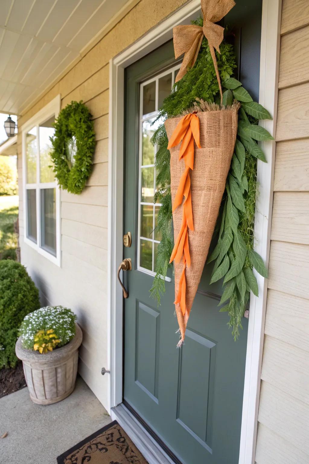 A homespun carrot door ornament introduces a playful Easter charm.