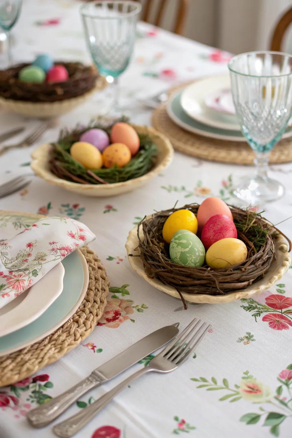 Ornamental homes containing painted eggs produce a joyful centerpiece.