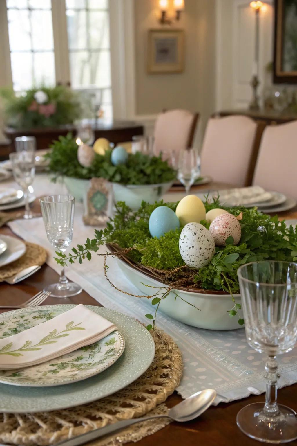 Decorative eggs placed in greenery create a pleasing display.