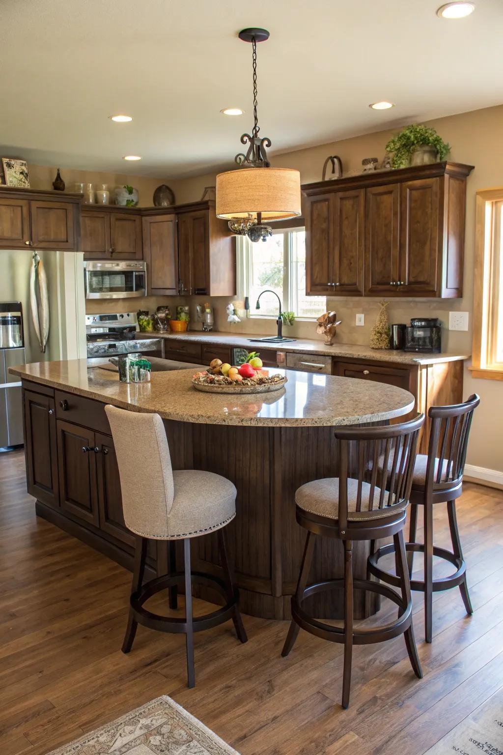 A curved island is ideal for family gatherings.