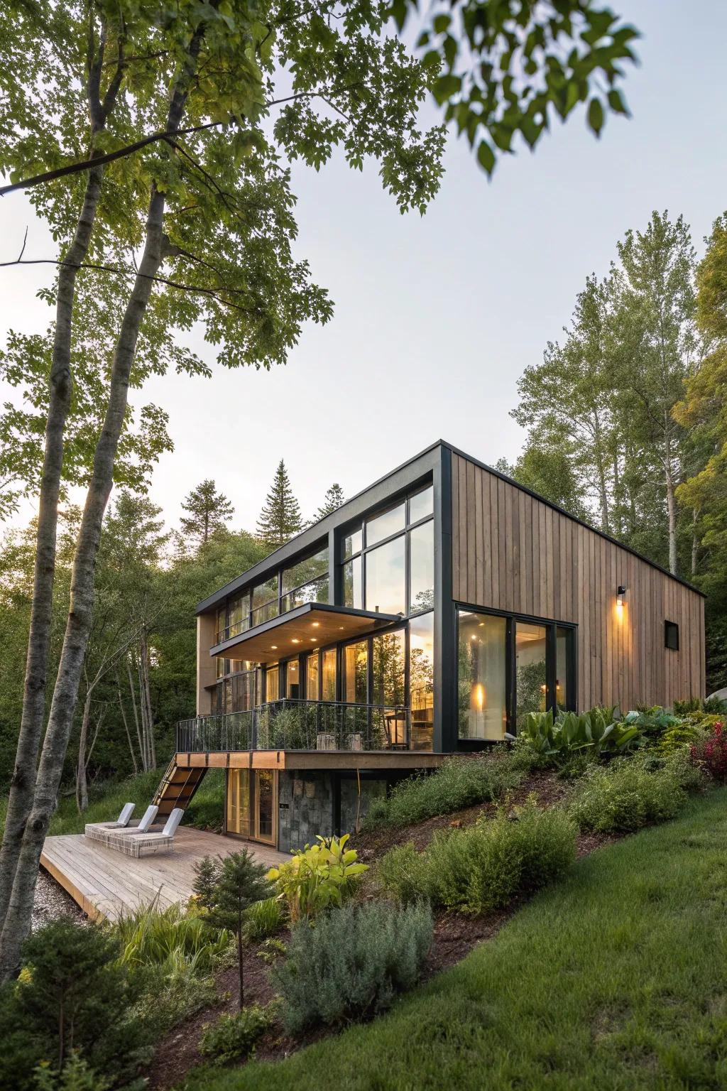 A stylish modular home constructed from sustainable materials, nestled harmoniously within its natural setting.