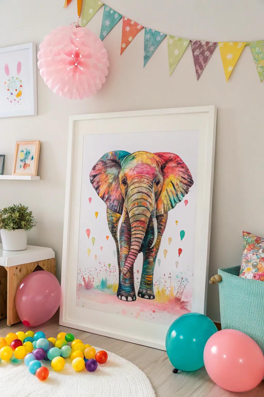 Vibrant elephant artworks are ideally suited for bringing joy to a nursery.