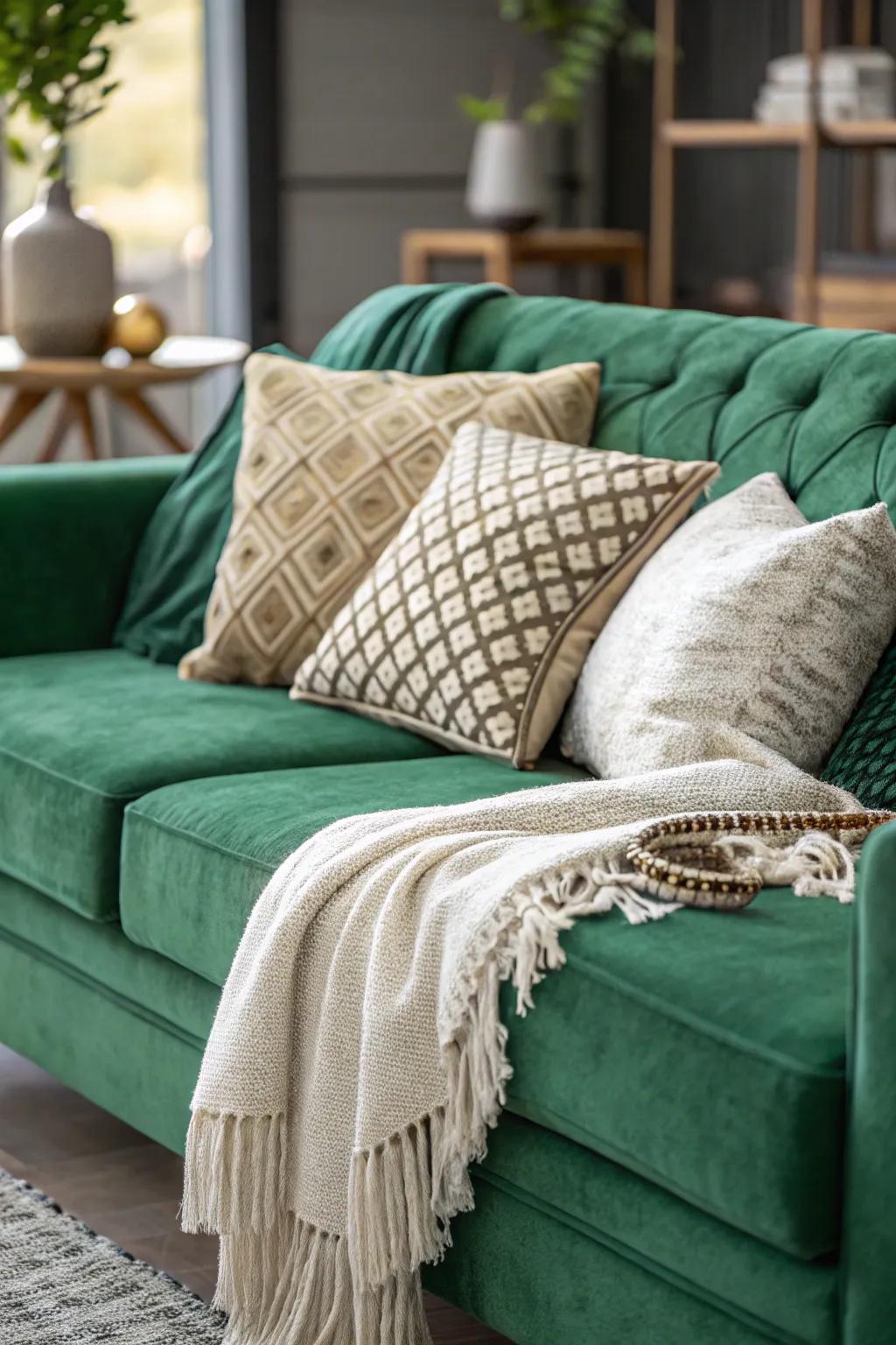 Textured pillows enhance comfort and style on an emerald sofa.