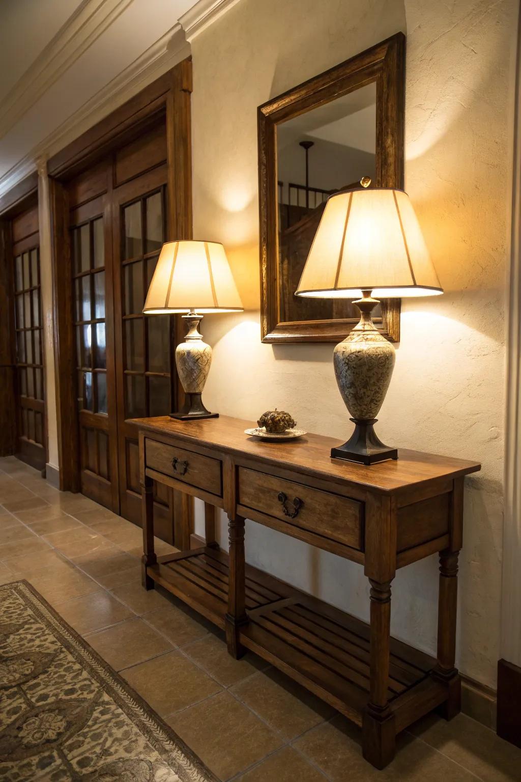 Surface lamps impart a comforting feel to this charming entryway.
